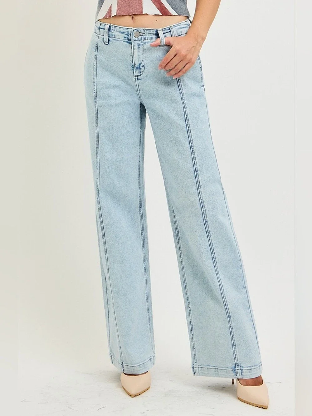 RISEN HR Light Wash Wide Leg Jeans Slouchy Relaxed Seam Detail Various NEW